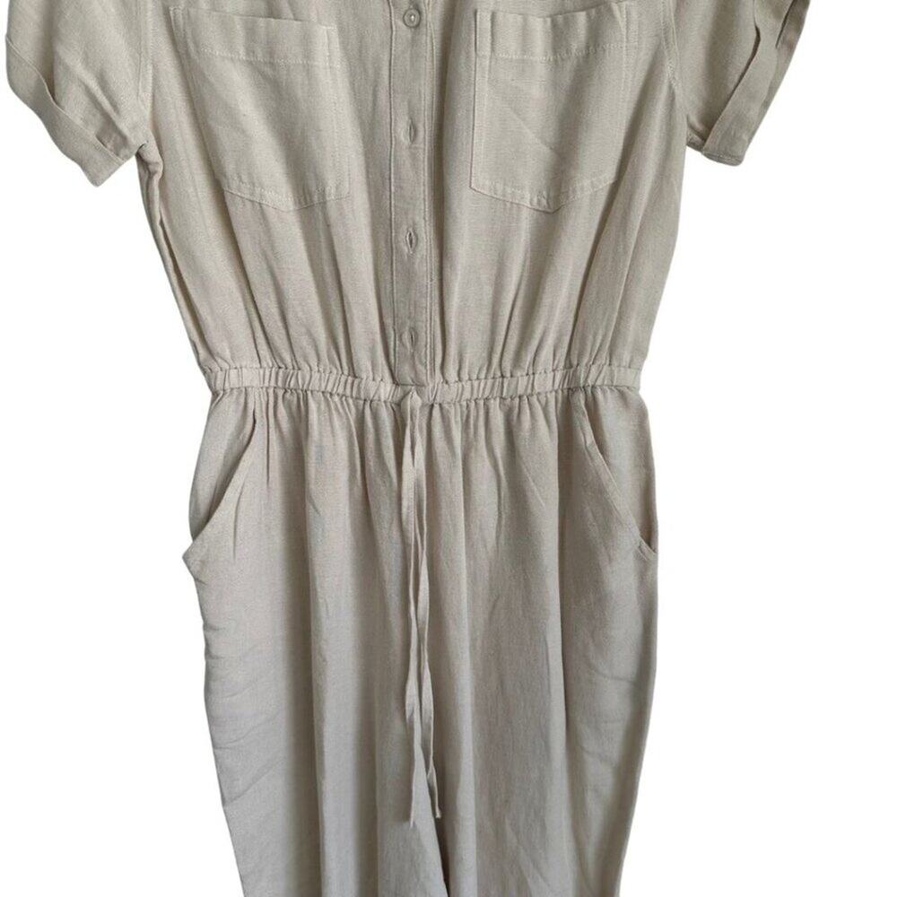Jessica Simpson Short Sleeve Linen Jumpsuit Beige Small - Picture 5 of 9